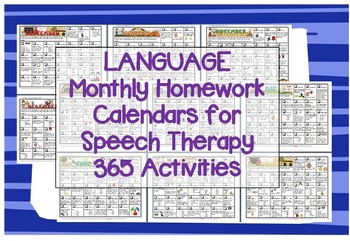 Preview of Language daily Homework Practice calendars speech therapy - 365 activities