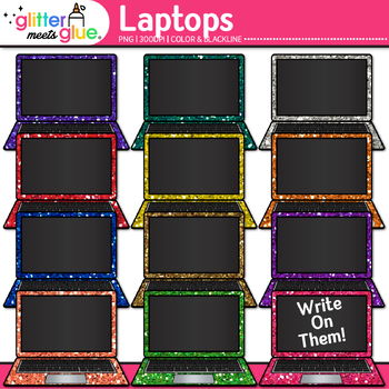 Preview of Laptop Clipart: 13 Cute Colorful Glitter Technology Clip Art Transparent PNG B&W