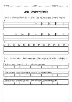 large numbers math worksheet by come learn with me tpt