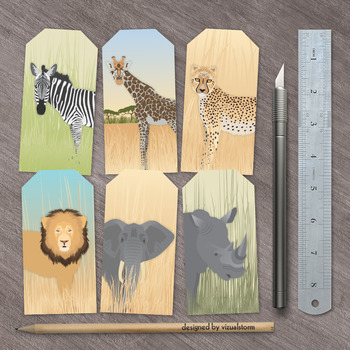 Large Safari Animal Gift Tags/Party Favors, 6 Handmade Illustrated Animals