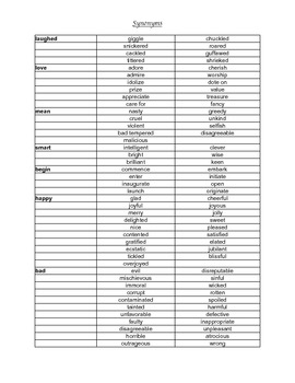 Preview of Large Synonym List, Adjectives and Verbs