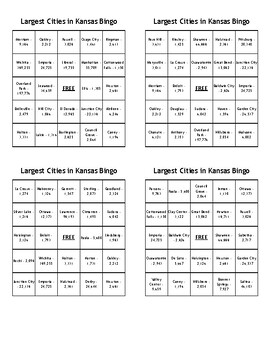 Preview of Largest Cities in Kansas Bingo - (100) Different Cards - Print, Cut, Play!