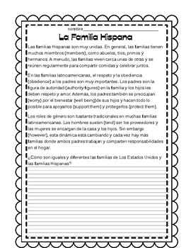 Preview of Las Familias Hispanas - Lectura y Pregunta de Comprensión - Cultura