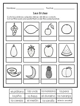 Preview of Las frutas - Spanish cut and paste activity 
