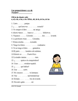 Las preposiciones: a y de - Spanish Worksheet / Quiz on Prepositions
