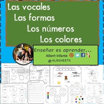 Preview of Las vocales/ los números/ las formas y colores en español /Worksheets about the