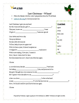 last christmas wham esl worksheet prepositions and phrasal verbs