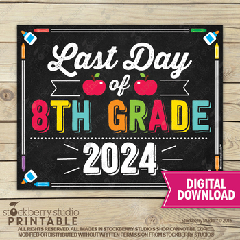 Preview of Last Day of 8th Grade Sign Eighth Grade School Chalkboard Printable 2024