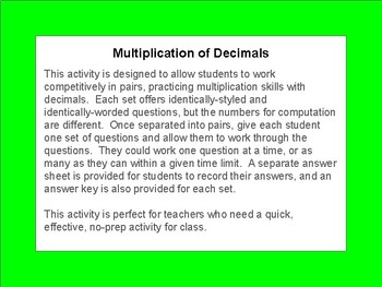 Preview of Last Minute Math - Multiplying Decimals, low-prep math activity; 64 task cards