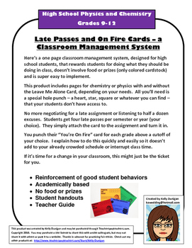 Preview of Late Passes & Fire Cards – Classroom Management for HS Chemistry and Physics