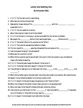 Preview of Lather and Nothing Else by Hernando Tellez Complete Guided Reading Worksheet