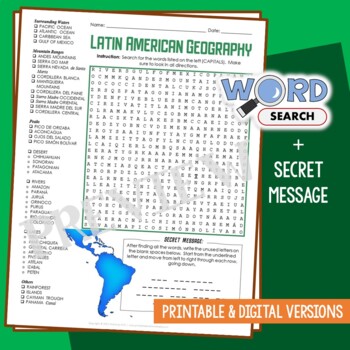 Preview of Latin America Geography Word Search Puzzle Lesson Activity Worksheet