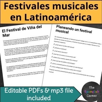 Preview of Spanish reading & listening comprehension practice activities about music