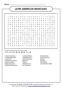 Preview of Latin American Musicians Word Search-GREAT FOR VIRTUAL AND ONLINE