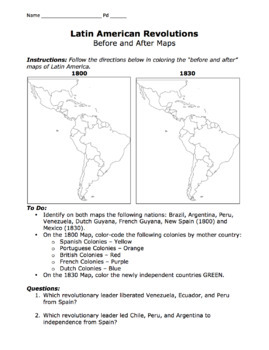 Preview of Latin American Revolutions Map / Before & After Activity / Bolivar & San Martin