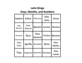 Preview of Latin Bingo Game: Months, Days of the Week, Numbers