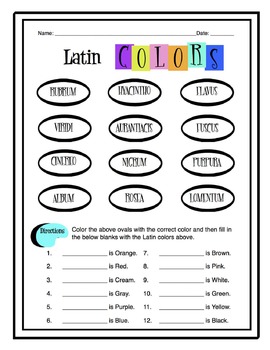 Preview of Latin Colors Worksheet Packet