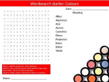 Preview of Latin Colours Starter Activities Keyword Wordsearch Homework Language