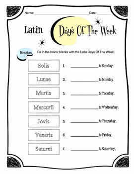 Preview of Latin Days Of The Week Worksheet