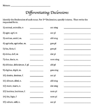 Preview of Latin Differentiating Declensions Worksheet - Practicing Noun Forms
