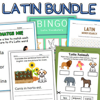 Preview of BIG Latin Language Bundle Vocabulary Bingo Games, Wordsearch, Matching Worksheet