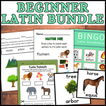 Preview of Latin Language Vocabulary BUNDLE! Beginner Flashcards, Worksheets, Bingo Games