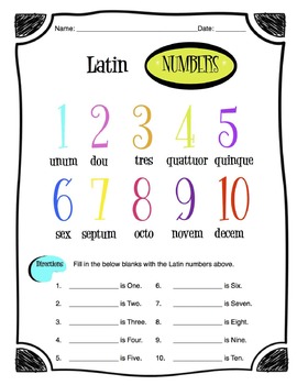Preview of Latin Numbers 1-10 Worksheet Packet