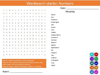 Preview of Latin Numbers Starter Activities Keyword Wordsearch Homework Language