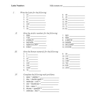 Preview of Latin Numbers Worksheet