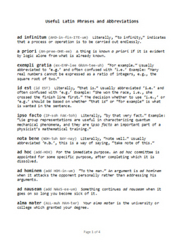 Preview of "Latin Phrases" four-page handout/reference