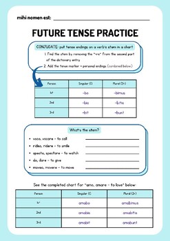 Preview of Latin Practice Worksheet: Future Tense (1st and 2nd Conjugation Verb Charts)