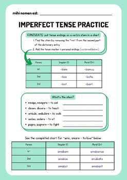 Preview of Latin Practice Worksheet: Imperfect Tense (1st and 2nd Conjugation Verb Charts)