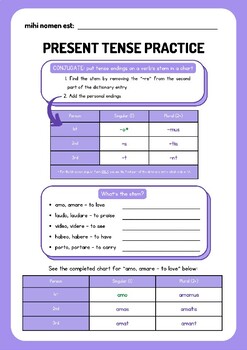 Preview of Latin Practice Worksheet: Present Tense (1st and 2nd Conjugation Verb Charts)