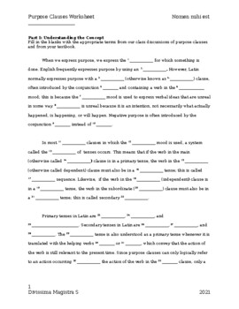 Preview of Latin Purpose Clause Worksheet and Answer Key