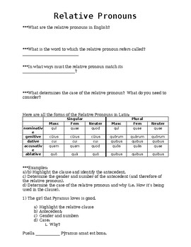 Preview of Latin Relative Pronouns Notes Sheet with Examples