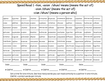 Preview of Latin Suffixes -tion, -sion, -ssion, -cian Fluency Advanced Phonics