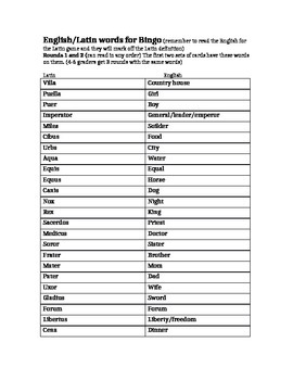 Preview of Latin Vocabulary BINGO Answer sheet