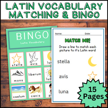 Preview of Latin Language Vocabulary Bingo Game & 15 Matching Words to Pictures Worksheet