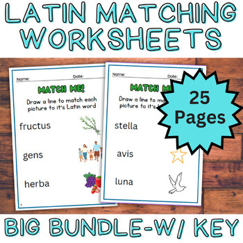 Preview of Latin Vocabulary Practice: Matching Words and Pictures - 25 Worksheets with Key