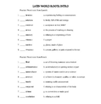 Preview of Latin Word Roots Activity for Spanish Class