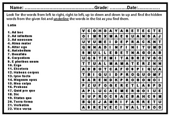 Preview of Latin, Word Search Worksheet, Vocabulary Sub Plan ELA-Literacy.L.6.4b