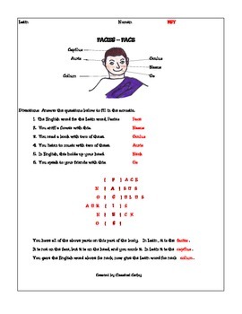 latin worksheet for learning the parts of the face in latin facies