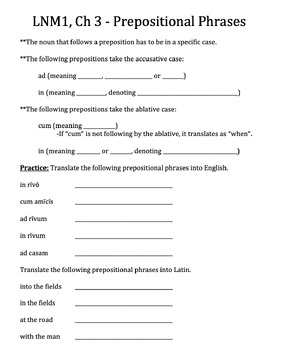 Preview of Latin for the New Millennium 1, Ch 3 - Prepositional Phrases Notes and Practice