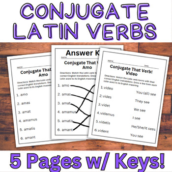 Preview of 5 Latin Language Conjugate Verbs Matching Worksheets! Great Morning Work!