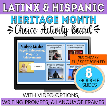 Preview of LatinX Hispanic Heritage Month Choice Board--Language Frames & Vocab Support
