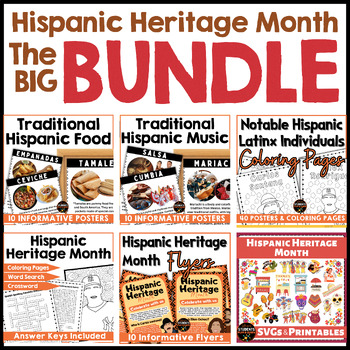 Preview of Latino Heritage Month Bundle, Bulletin Boards Ideas, Coloring Pages, Door ....