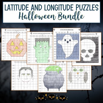 Preview of Latitude and Longitude Practice Puzzle Activities - Halloween Bundle