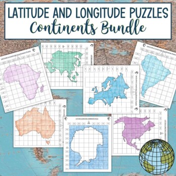 Preview of Latitude and Longitude Practice Puzzle Review Activities - Continents Bundle