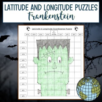 Preview of Latitude and Longitude Practice Puzzle Activity - Frankenstein Halloween
