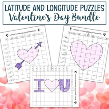 Preview of Latitude and Longitude Practice Puzzle Review Activities Valentine's Day Bundle